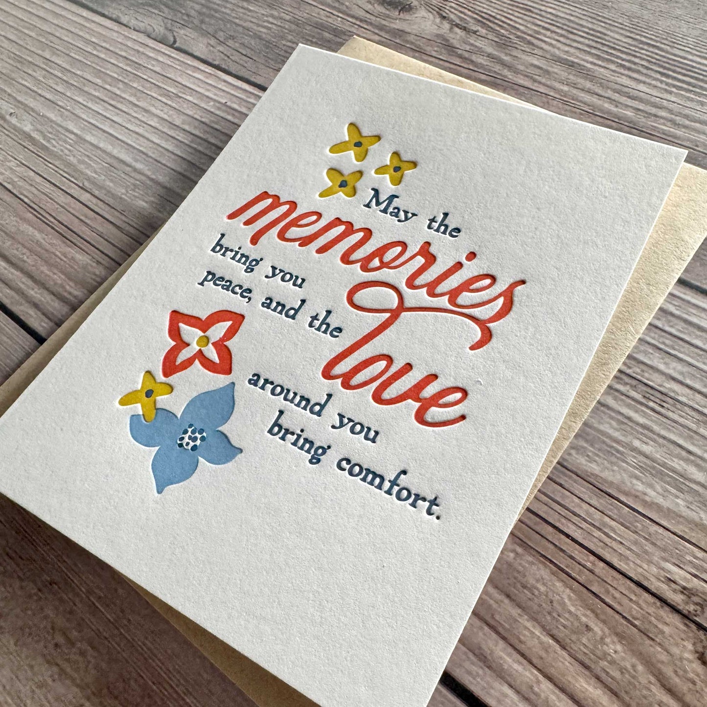 Our "May the Memories Bring You Peace" sympathy card beautifully expresses heartfelt condolences during moments of grief. Whether you are honoring the loss of a loved one, the loss of a pet, or even the loss of a home, this card offers a soothing message that celebrates the memories and love that remain. Loss of Pet, Loss of Mother, Loss of Father, Loss of loved one. Letterpress printed with Kraft envelope.