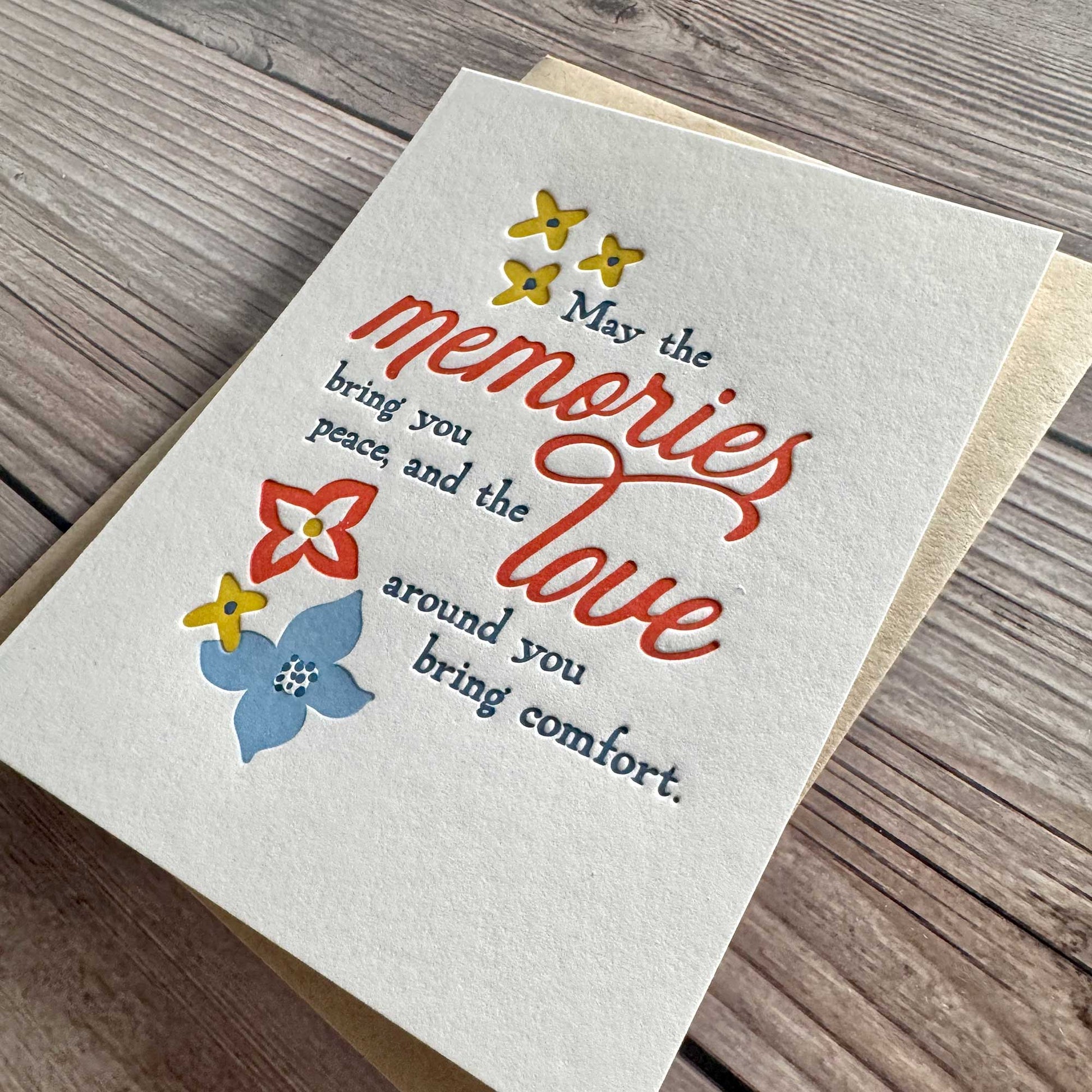 Our "May the Memories Bring You Peace" sympathy card beautifully expresses heartfelt condolences during moments of grief. Whether you are honoring the loss of a loved one, the loss of a pet, or even the loss of a home, this card offers a soothing message that celebrates the memories and love that remain. Loss of Pet, Loss of Mother, Loss of Father, Loss of loved one. Letterpress printed with Kraft envelope.