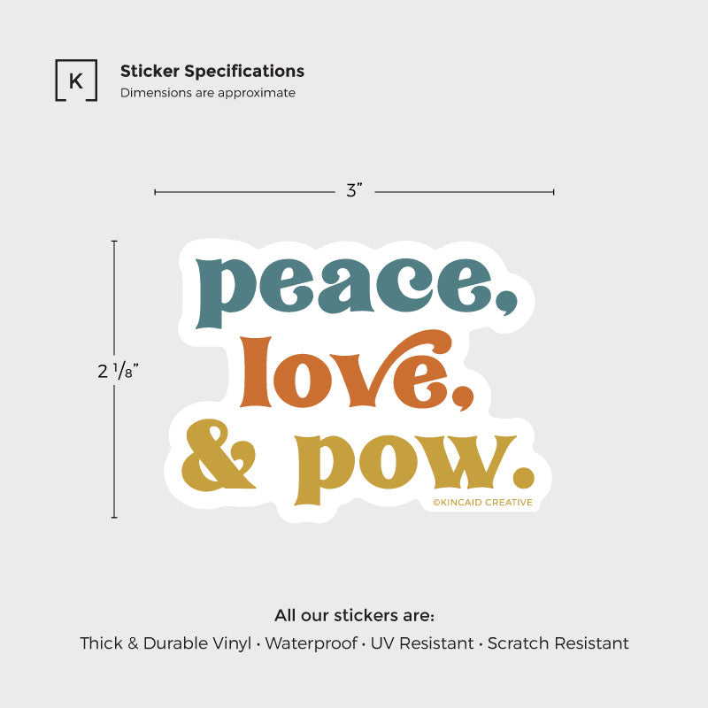 This Peace, Love & Pow vintage-style sticker measures 3x2 1/8 inches. Made with waterproof vinyl, it’s great for ski helmets, snowboards, waterbottles, laptops, kindles, or cars. A fun addition to your vintage ski sticker collection!