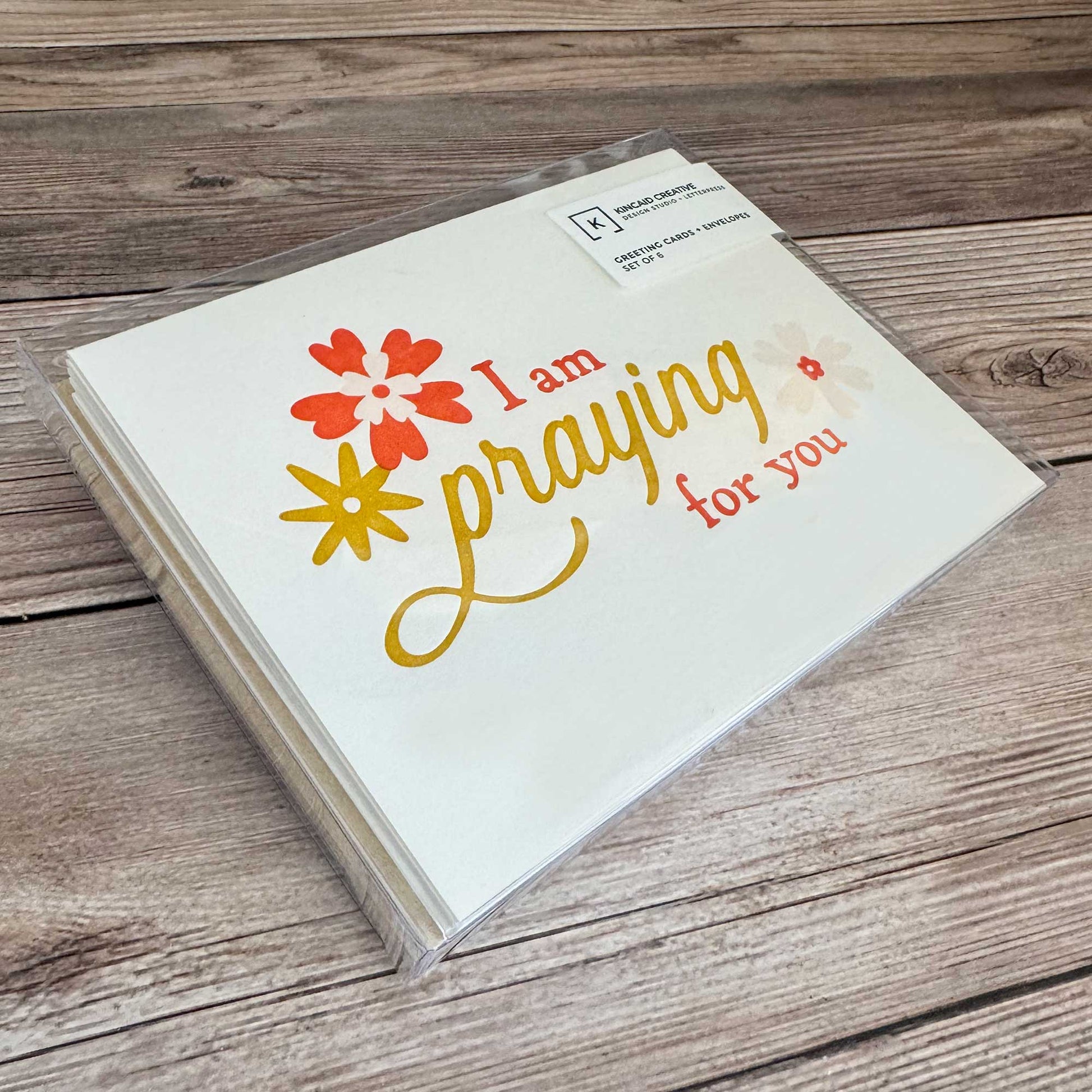 I am Praying for You Card, Floral Design, Yellow and Red, Kraft Envelope Included. Letterpress Encouragement Card, Emotional Support Card for Friend, Thinking of You, Difficult Situation, Get Well Soon Card. Boxed Set of 6 or 12, or sold as single Cards. Boxed Set Shown.