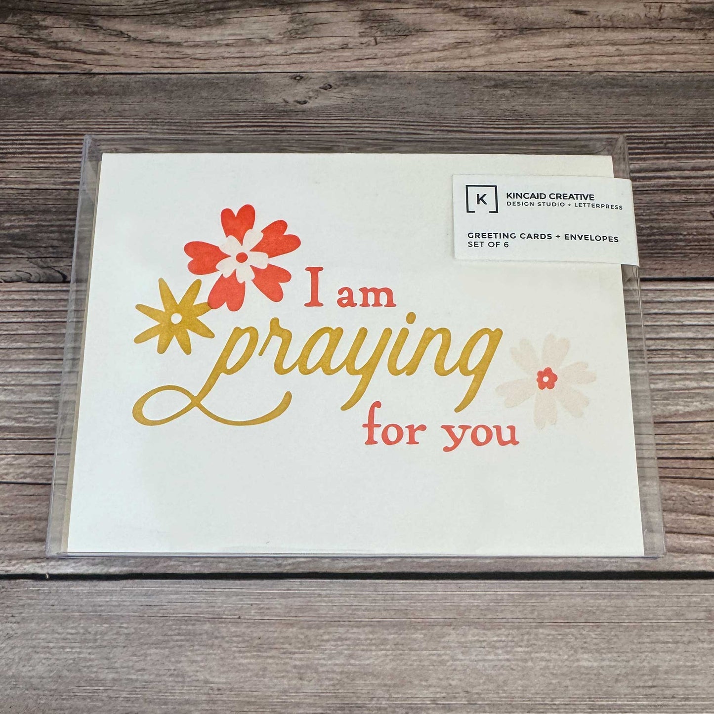 Boxed Set of 6, I am Praying for You Card, Floral Design, Yellow and Red, Kraft Envelope Included. Letterpress Encouragement Card, Emotional Support Card for Friend, Thinking of You, Difficult Situation, Get Well Soon Card.