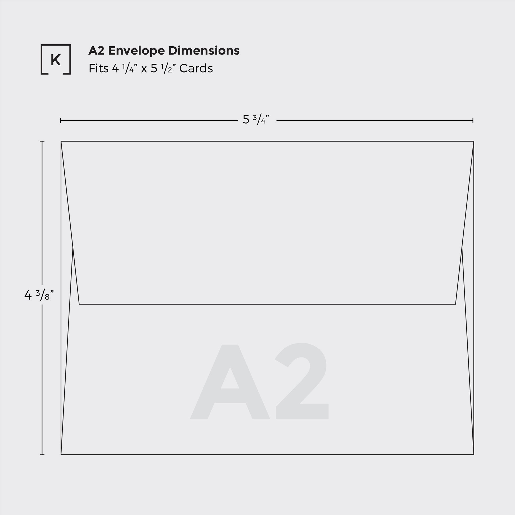 Dimension drawing of greeting card envelope, size A2, envelope included with greeting card.