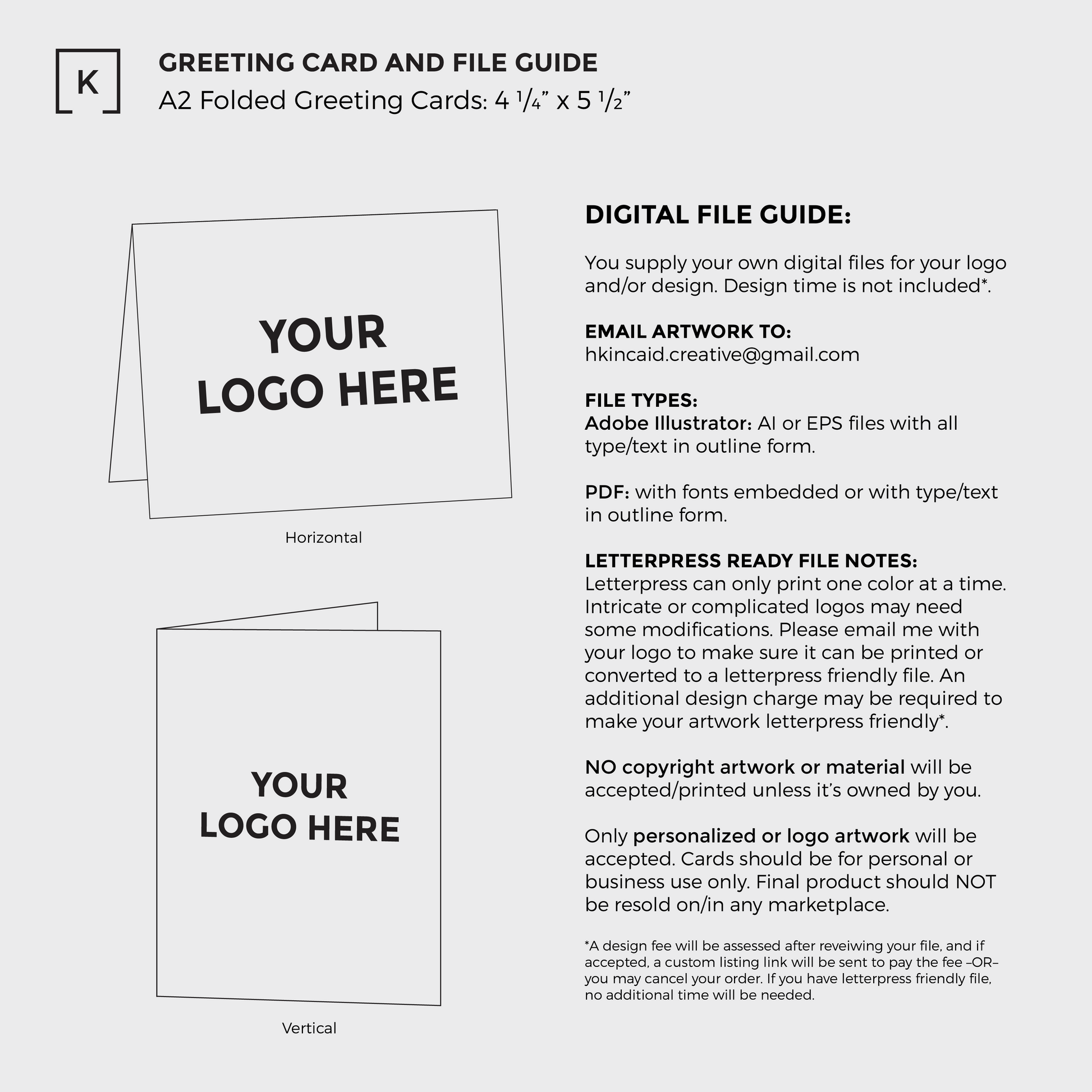 Choose your custom greeting card orientation, horizontal or vertical, Review digital file guide