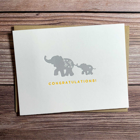 Mom and Baby Elephant, Congratulations! Baby Card, Letterpress printed, includes envelope