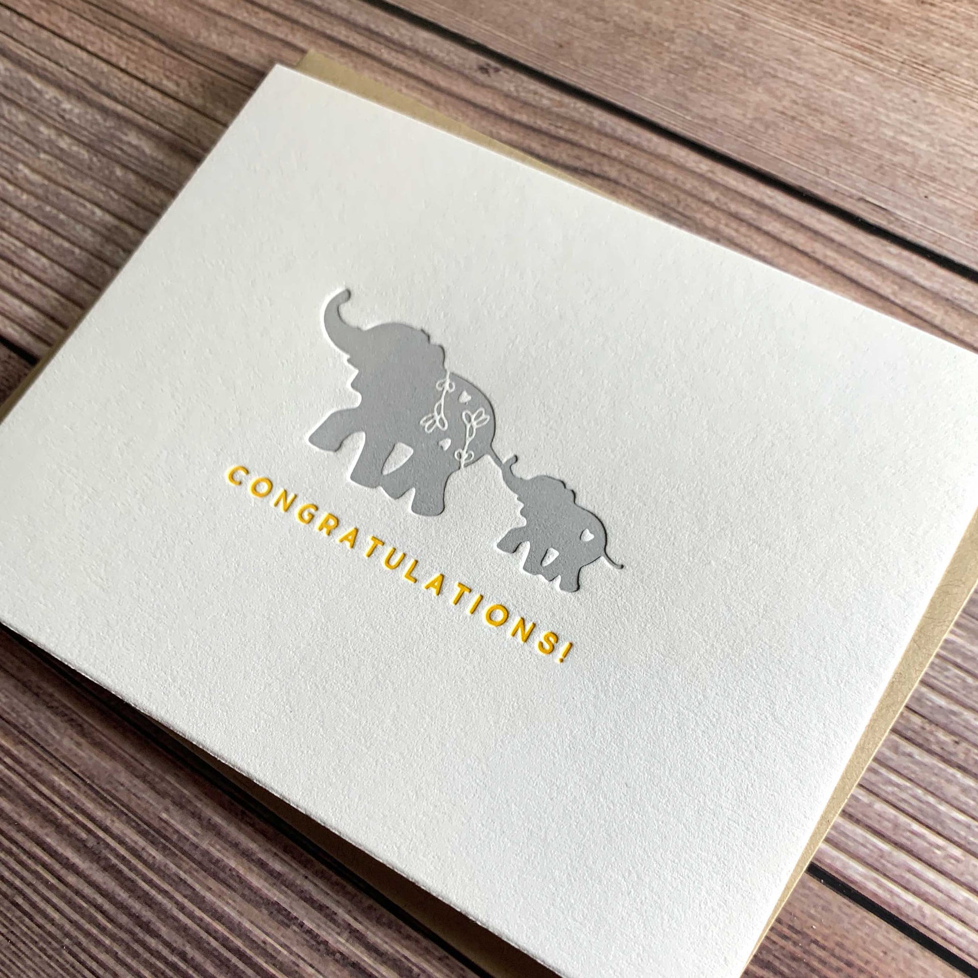 Mom and Baby Elephant, Congratulations! Baby Card, Letterpress printed, view shows letterpress impression, includes envelope