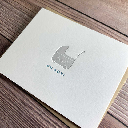 Oh Boy! new baby boy Card, Baby Shower card, Letterpress printed, view shows letterpress impression, includes envelope
