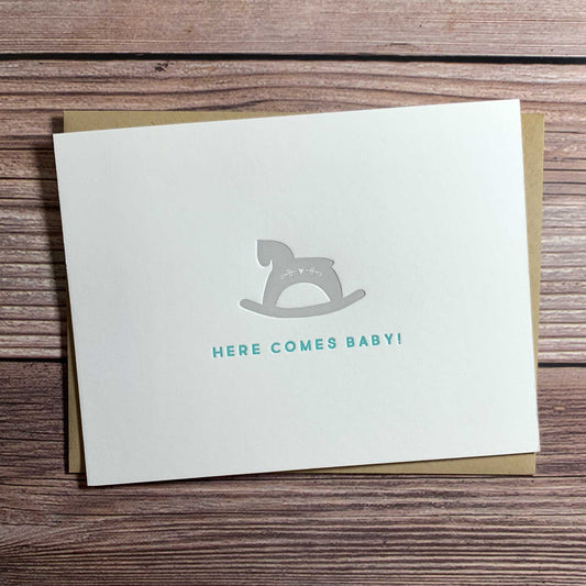 Here Comes Baby, Baby Shower Card, Letterpress printed, includes envelope