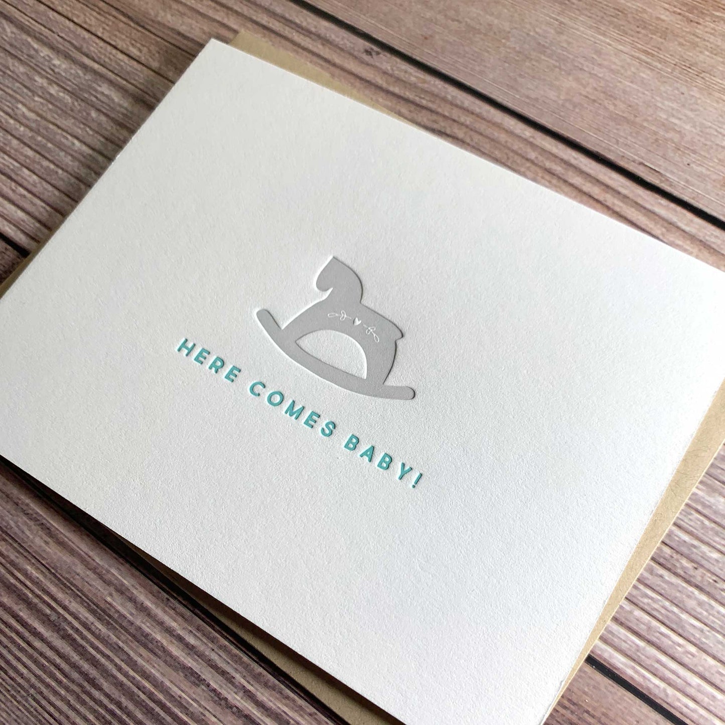 Here Comes Baby, Baby Shower Card, Letterpress printed, view shows letterpress impression, includes envelope