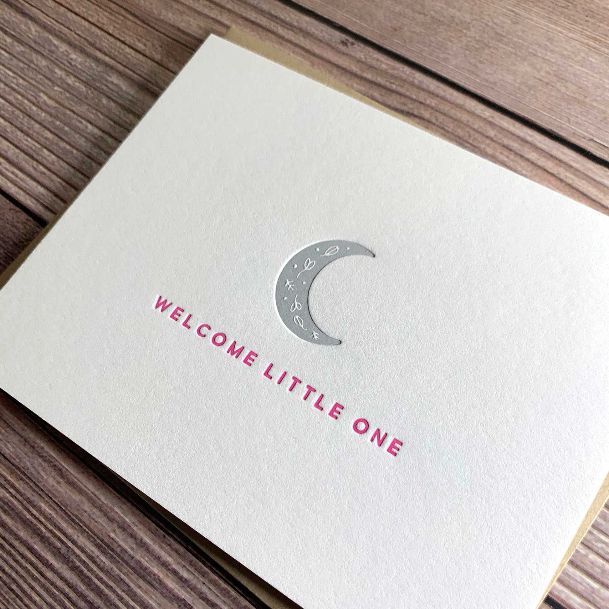 Welcome little one, new baby Card, floral moon, Letterpress printed, view shows letterpress impression, includes envelope