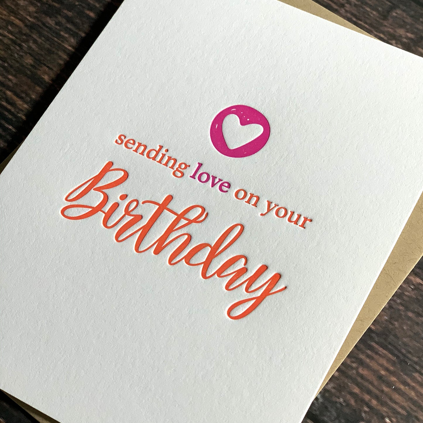 Sending love on your Birthday Card, Letterpress printed, view shows letterpress impression,  includes envelope
