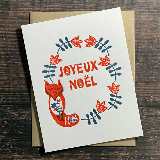 Joyeux Noel Fox Christmas Card, Nordic Tulip wreath, Scandinavian design, Holiday Card, Letterpress printed, includes envelope, Boxed Sets of Christmas Cards Available