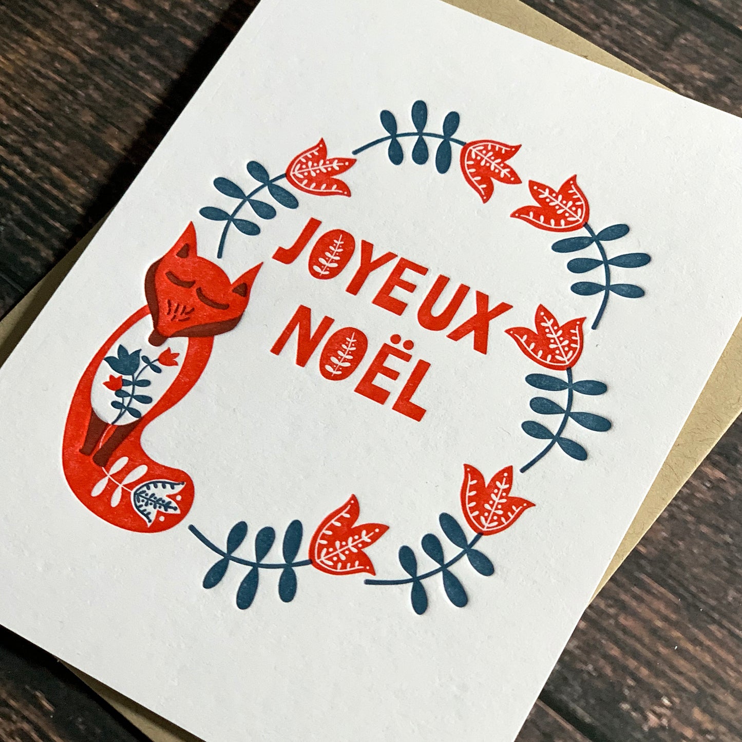 Joyeux Noel Fox Christmas Card, Nordic Tulip wreath, Scandinavian design, Holiday Card, Letterpress printed, includes envelope, Boxed Sets of Christmas Cards Available