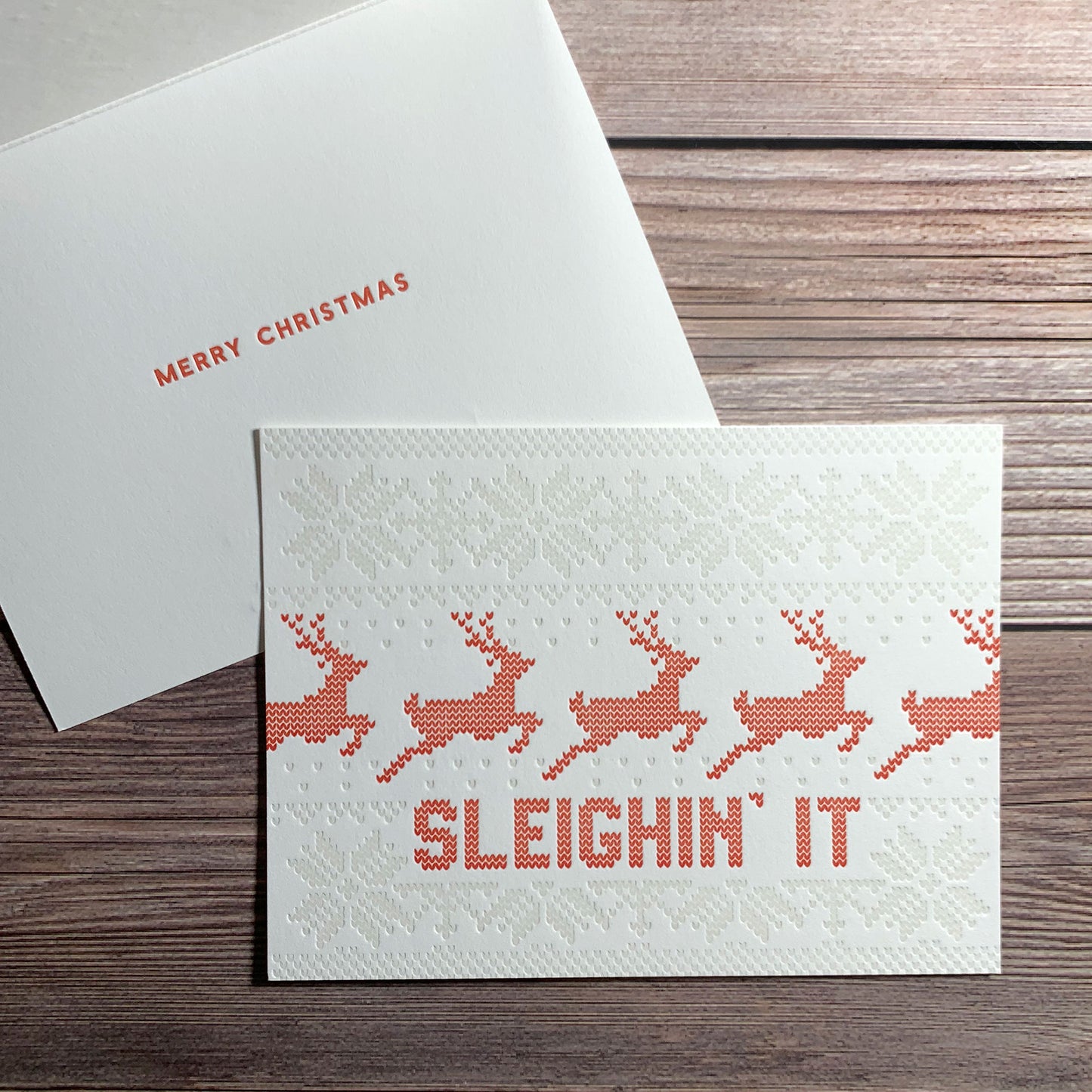 Sleighin' it, inside message: Merry Christmas, Ugly Sweater Christmas Card, Letterpress printed, includes envelope