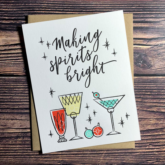 Making Spirits Bright, Christmas Spirits Holiday Card, cocktails and Christmas ornaments, Letterpress printed, includes envelope