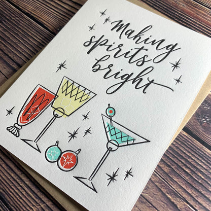 Making Spirits Bright, Christmas Spirits Holiday Card, cocktails and Christmas ornaments, Letterpress printed, view shows letterpress impression, includes envelope
