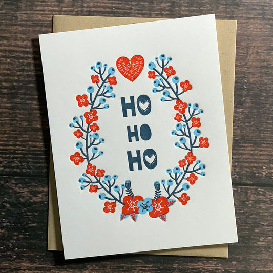Ho Ho Ho, Floral Wreath Christmas Card, Scandinavian Design, Letterpress printed, includes envelope