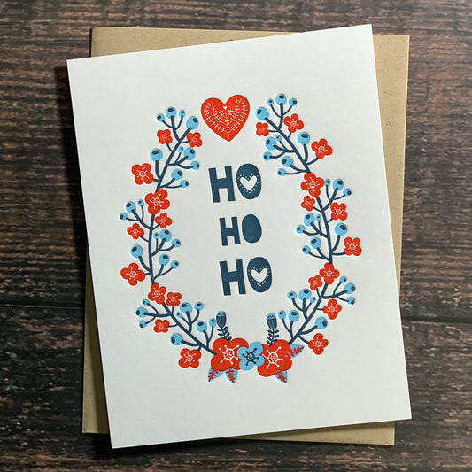 Ho Ho Ho, Floral Wreath Christmas Card, Scandinavian Design, Letterpress printed, includes envelope