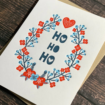 Ho Ho Ho, Floral Wreath Christmas Card, Scandinavian Design, Letterpress printed, view shows letterpress impression,  includes envelope