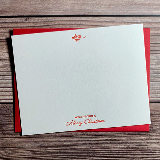 Christmas Berries Note Card, Wishing you a Merry Christmas, Letterpress printed, includes red envelope
