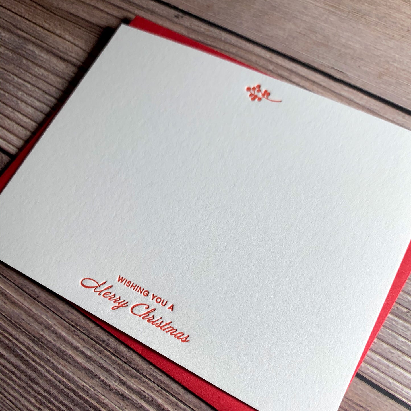 Christmas Berries Note Card, Wishing you a Merry Christmas, Letterpress printed, view shows letterpress impression, includes red envelope