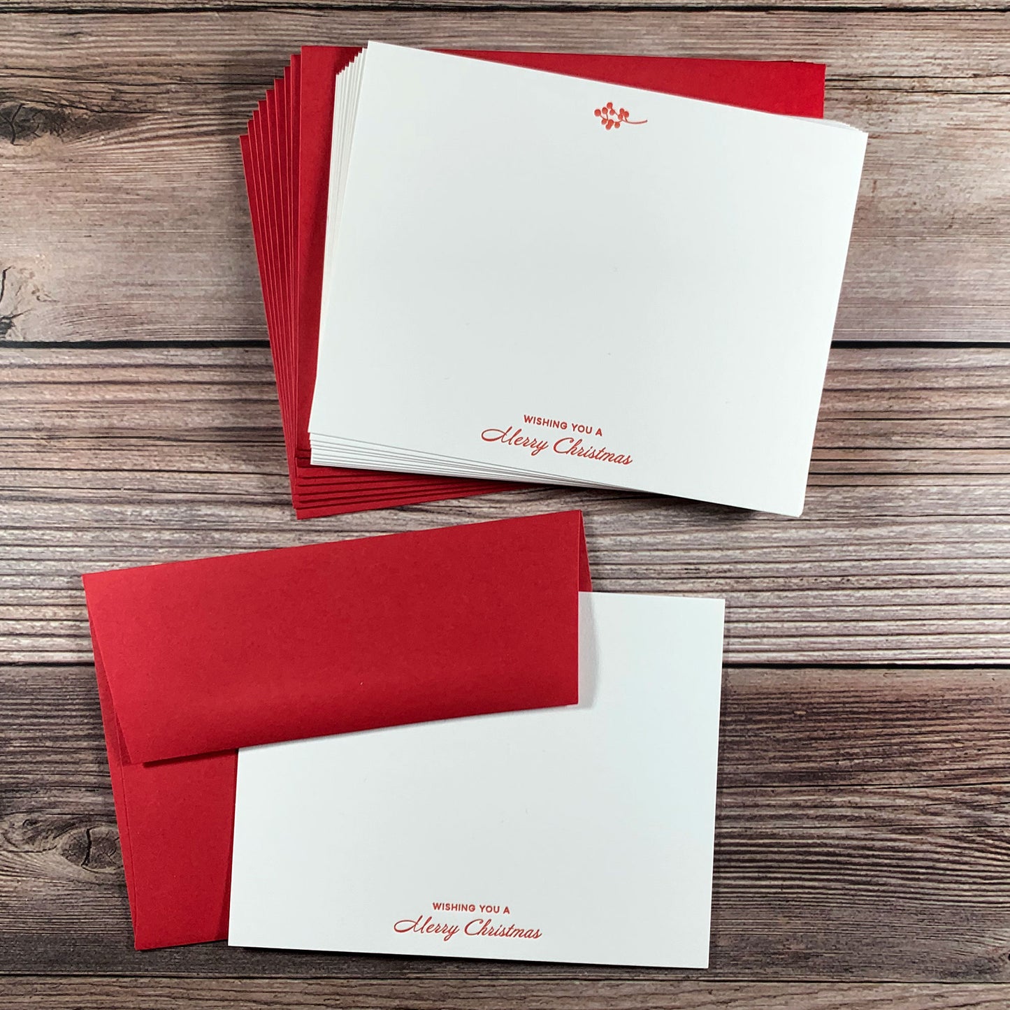 Christmas Berries Note Cards, Wishing you a Merry Christmas, Letterpress printed, Set of 10, includes red envelopes