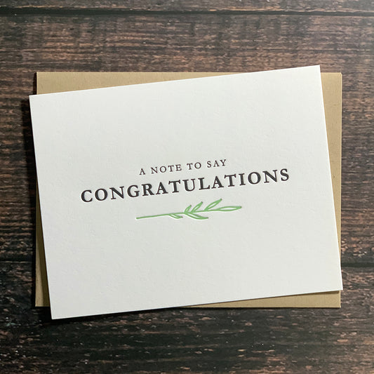 Congratulations Card, Letterpress printed, Green botanical leaf, A note to say congratulations, envelope included