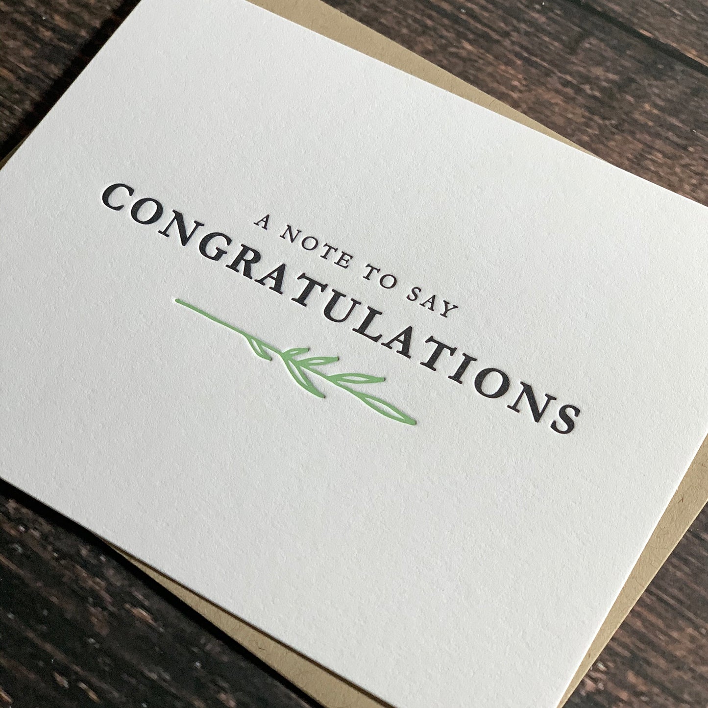 Congratulations Card, Letterpress printed, Green botanical leaf, A note to say congratulations, envelope included