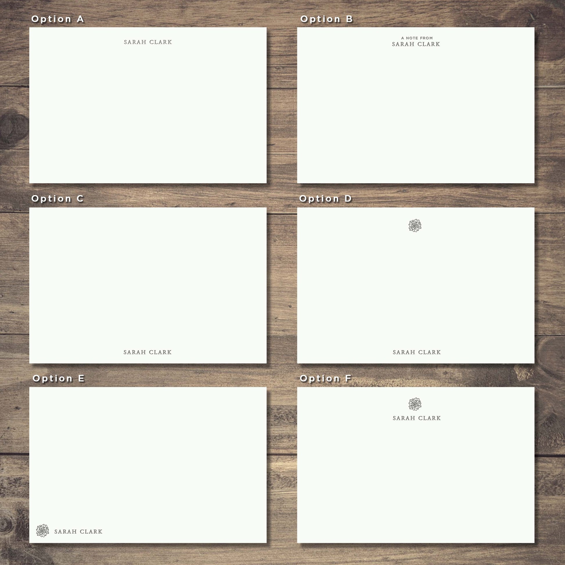 Choose your design layout for custom letterpress stationery, personalized your note card with 6 layout options