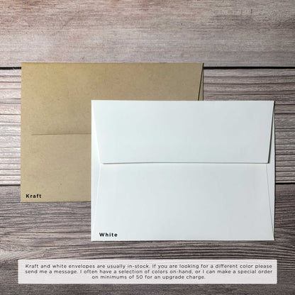 Choose your envelope color for your custom greeting cards, standard options are white or kraft envelopes, custom colors may be requested, additional fees may apply