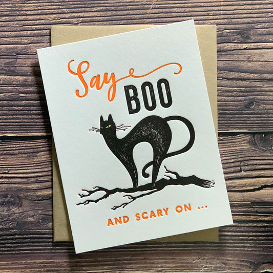 Say Boo and Scary On, Black cat, Card for Halloween, Letterpress printed, includes envelope