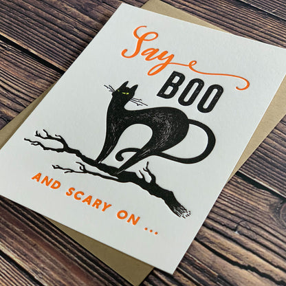 Say Boo and Scary On, Black cat, Card for Halloween, Letterpress printed, view shows letterpress impression, includes envelope