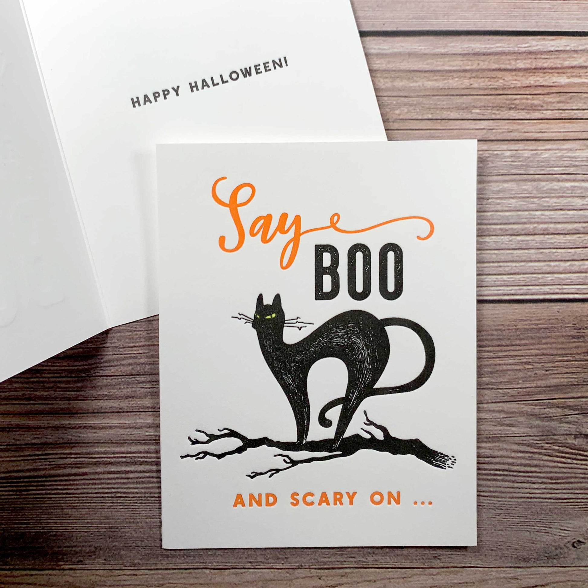 Say Boo and Scary On, Black cat, Inside message: Happy Halloween, Card for Halloween, Letterpress printed, includes envelope