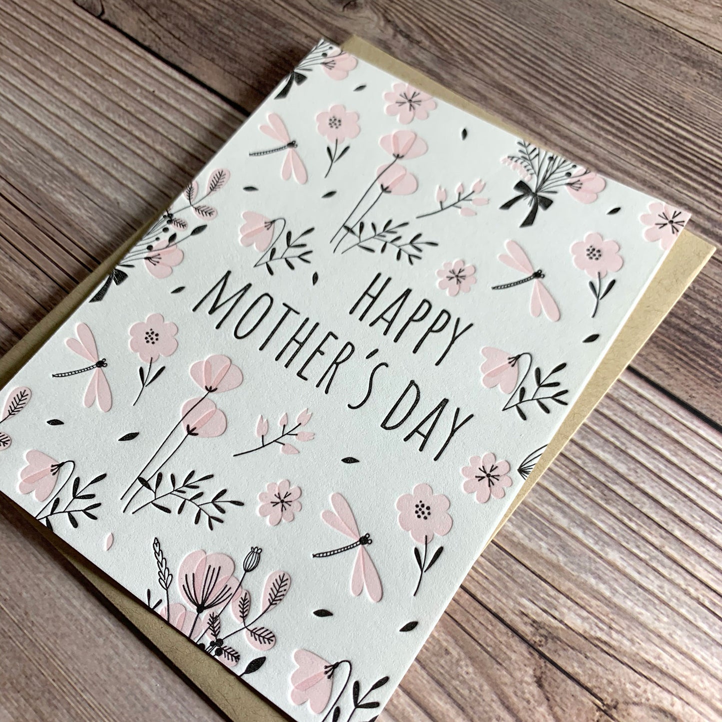 Floral Mother's Day Card, Happy Mother's Day, Letterpress printed, view shows letterpress impression, includes envelope