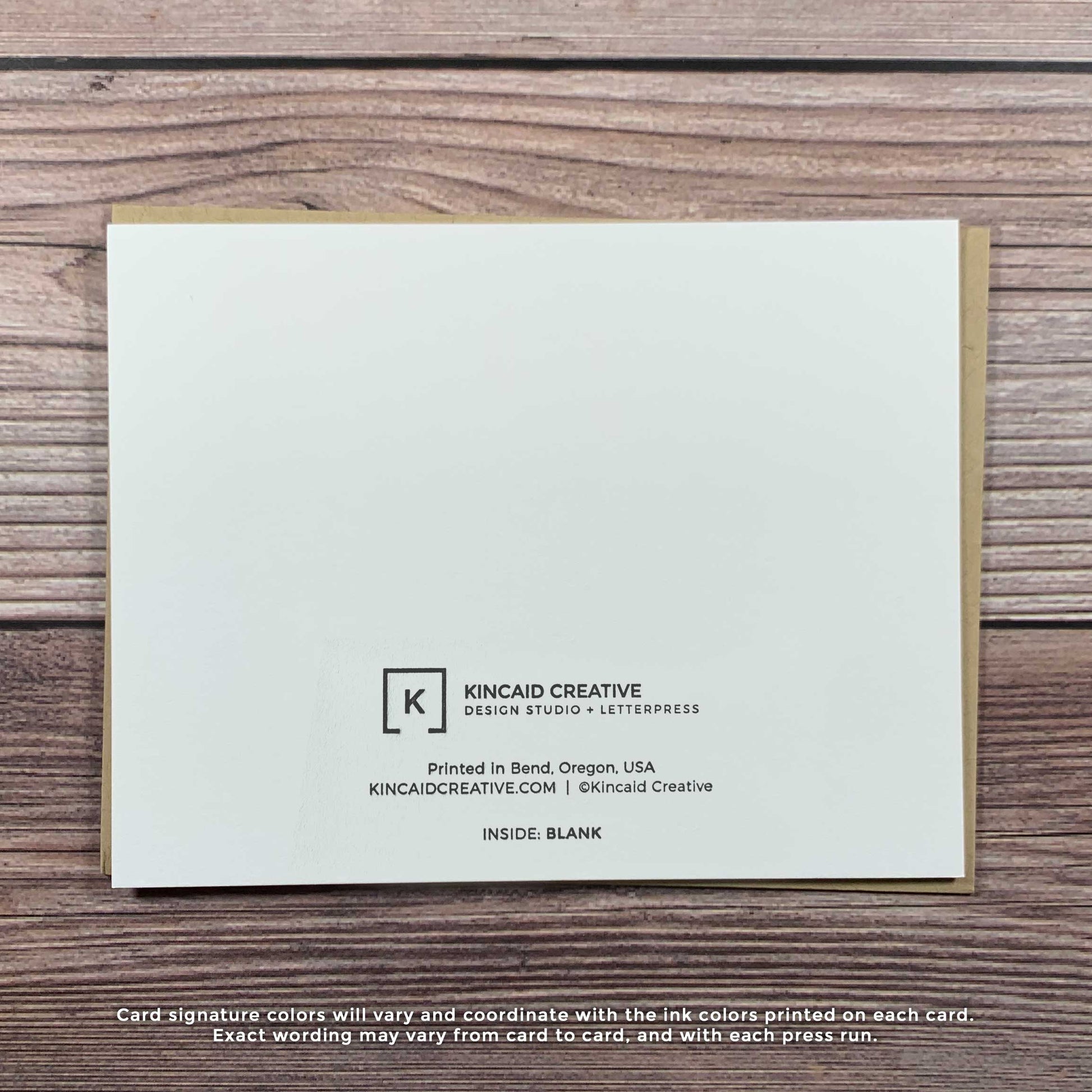 Letterpress baby shower card, blank inside, back view of card, Kincaid Creative Design and Letterpress Studio, Bend, Oregon