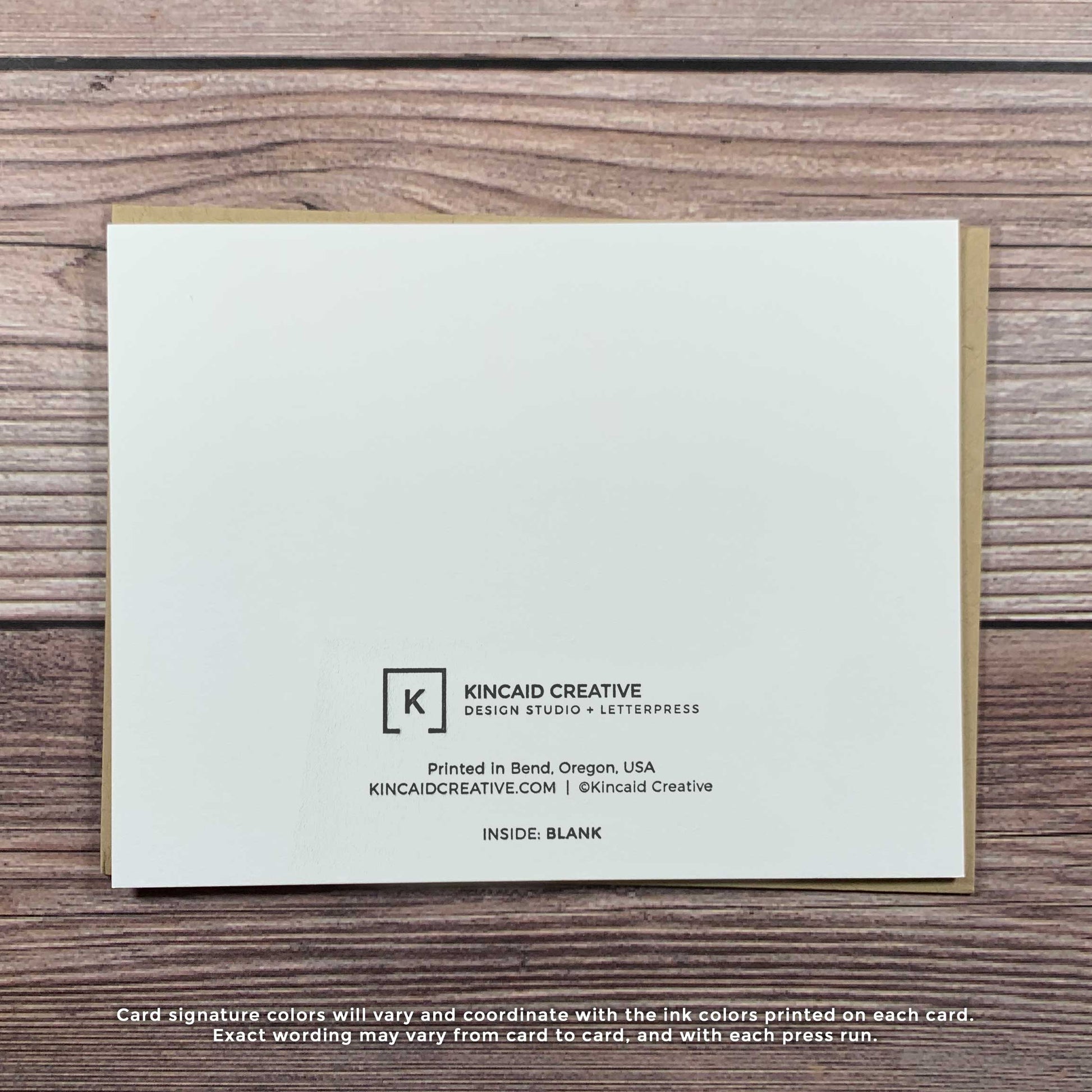 Letterpress Thanksgiving card, blank inside, back view of card, Kincaid Creative Design and Letterpress Studio, Bend, Oregon