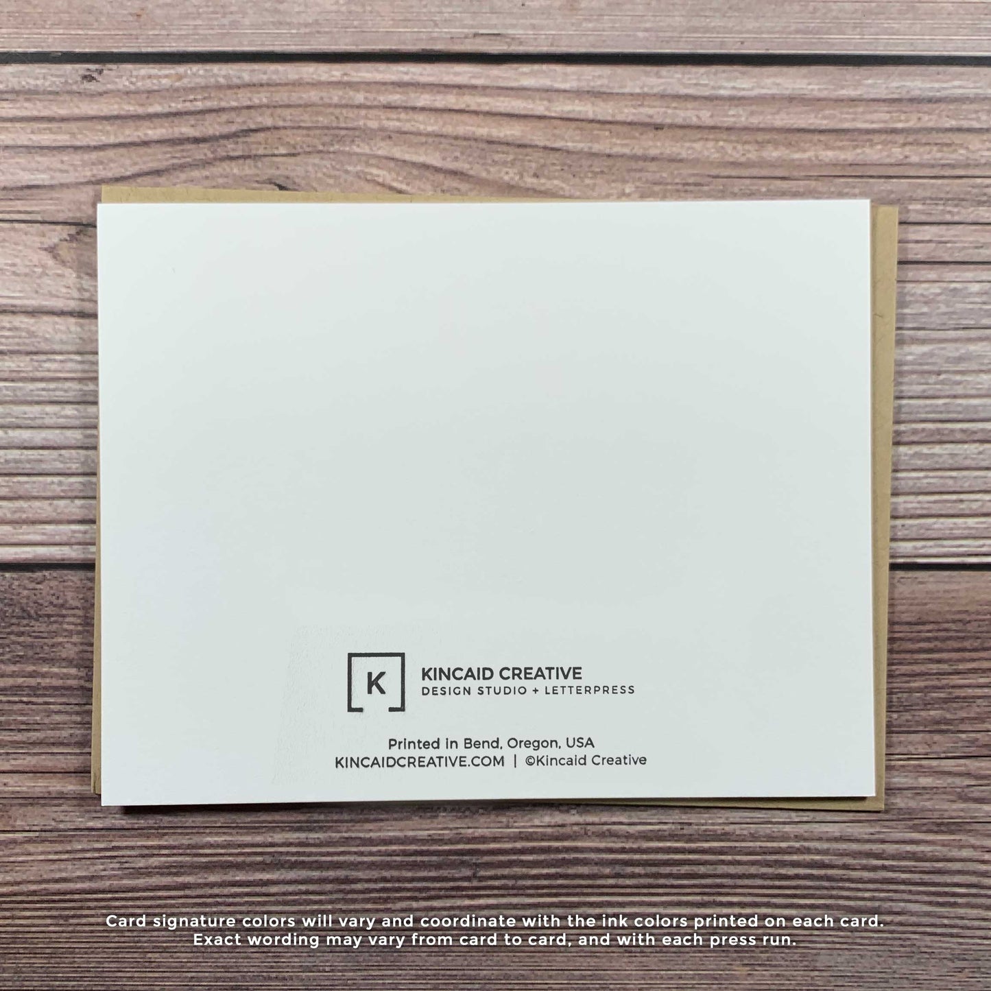 Letterpress birthday card, blank inside, back view of card, Kincaid Creative Design and Letterpress Studio, Bend, Oregon