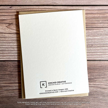 Letterpress Christmas card, blank inside, back view of card, Kincaid Creative Design and Letterpress Studio, Bend, Oregon