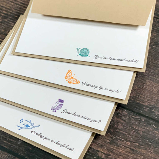 woodland animal note card stationery and envelopes, 4 designs, boxed set of 8 note cards, You've been snail mailed! Fluttering by to say hi! Guess hooo misses you? Sending you a cheerful note, Letterpress printed, includes envelopes