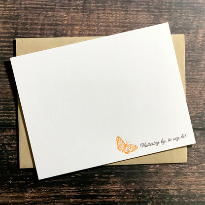 Fluttering by to say hi note card with envelope, orange butterfly, letterpress printed