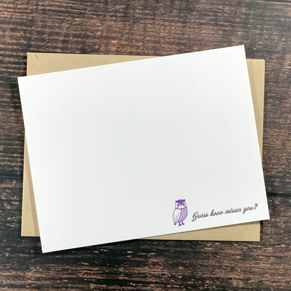 Guess hooo misses you? note card with envelope, purple owl, letterpress printed
