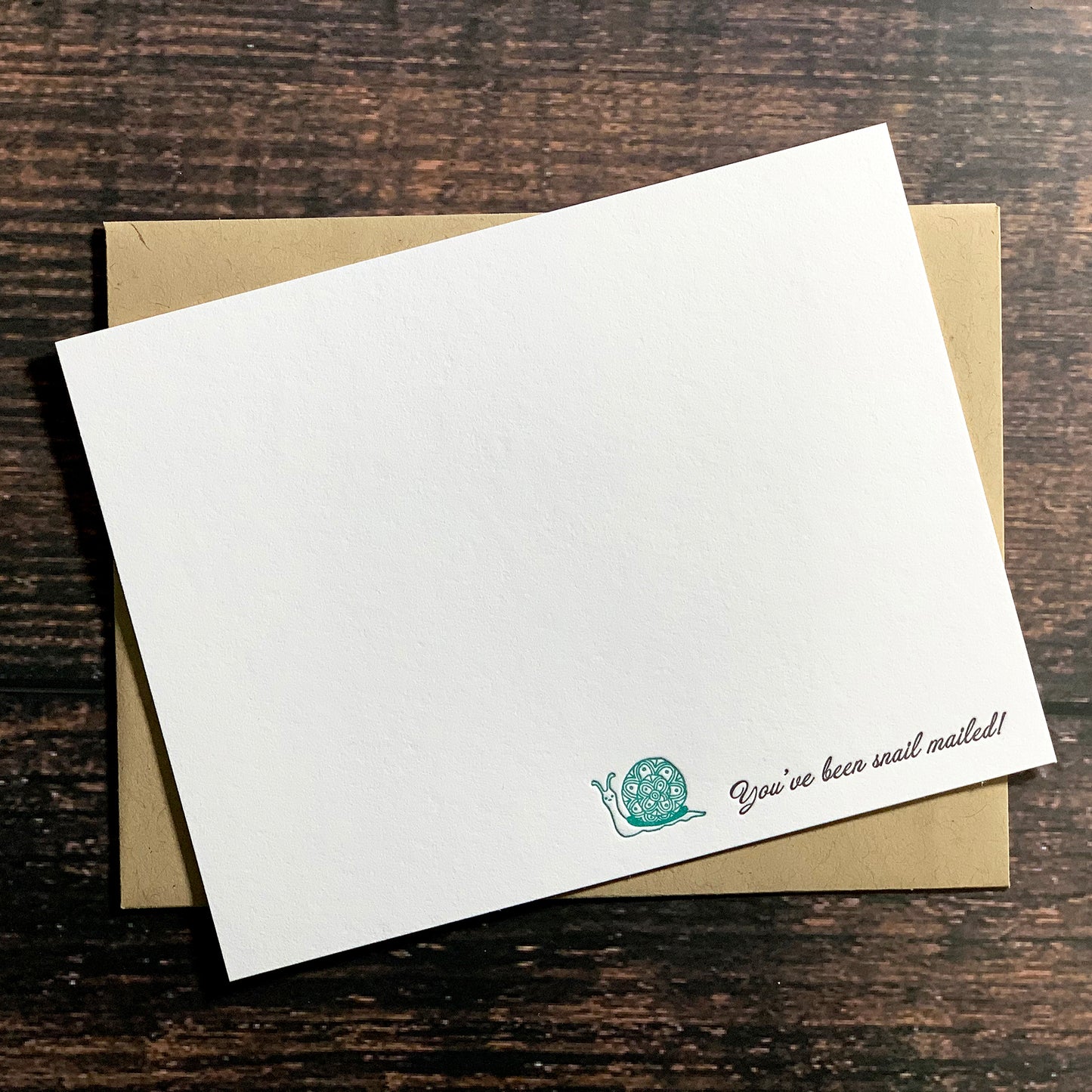 You've been snail mailed! note card with envelope, teal snail, letterpress printed