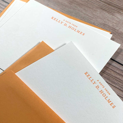 Example of Custom Letterpress Stationery, Personalized Note Cards, Letterpress printed, custom orange envelopes