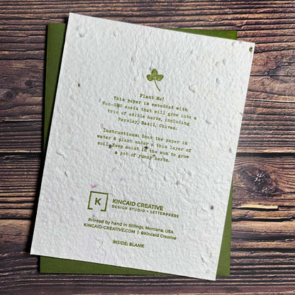 Letterpress printed plantable seed card, paper planting instructions, herb seeds, blank inside, back view of card, Kincaid Creative Design and Letterpress Studio, Bend, Oregon