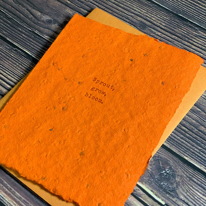 Sprout, Grow, Bloom, Plantable Carrot Seed Paper Greeting Cards, Boxed sets of card, handmade seed paper, orange paper and envelopes, Letterpress printed, view shows letterpress impression, includes envelope