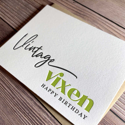 Vintage Vixen, Birthday Card for Friend, Letterpress printed, view shows letterpress impression, includes envelope