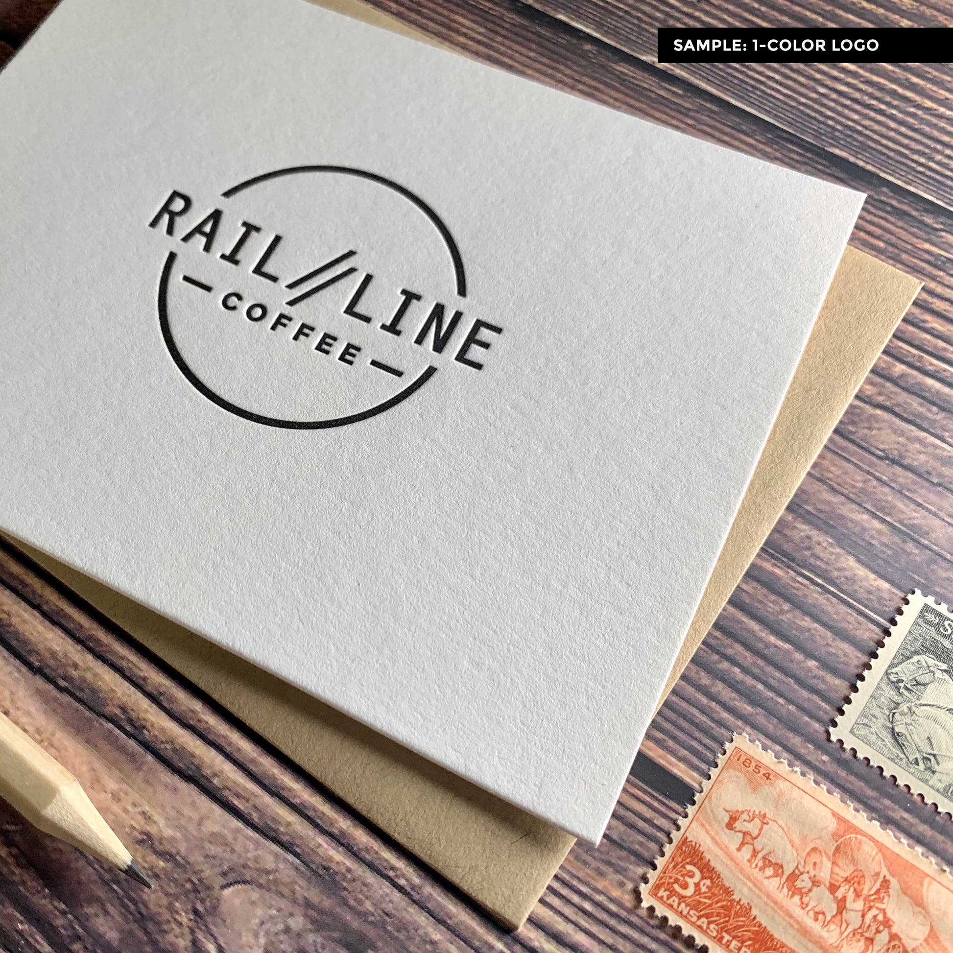 Sample of a 1-color custom greeting card with a logo, business thank you notes, includes envelopes, letterpress printed