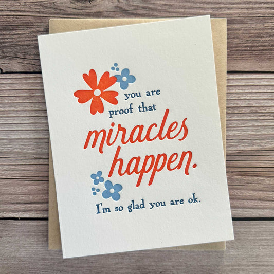 Greeting card, letterpress printed, floral design, red and blue, kraft envelope included. You are proof that miracles happen. I'm so glad you are ok. Get well soon card, Miracles Happen, Surgery recovery card, Motivational recovery, Encouragement Card for Care Package, Waiting on a Miracle