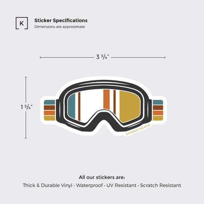 Vintage-style Ski Goggles sticker measures 3 3/4x1 3/4 inches. Made from durable waterproof vinyl, ideal for helmets, snowboards, water bottles, laptops, or Kindles. A great addition to any ski or snowboard sticker collection!