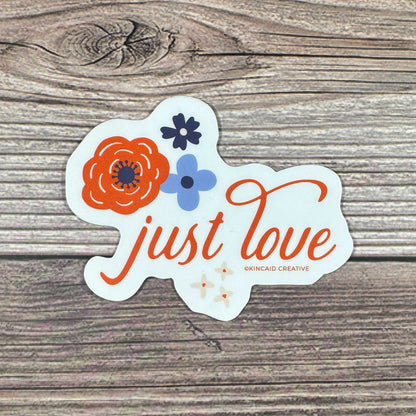 Spread positivity with this Just Love waterproof floral sticker. Perfect for water bottles, laptops, Kindles, journals, or as a gift. A great addition to card packages, stocking stuffers, or sticker sets—share the message of Love One Another.