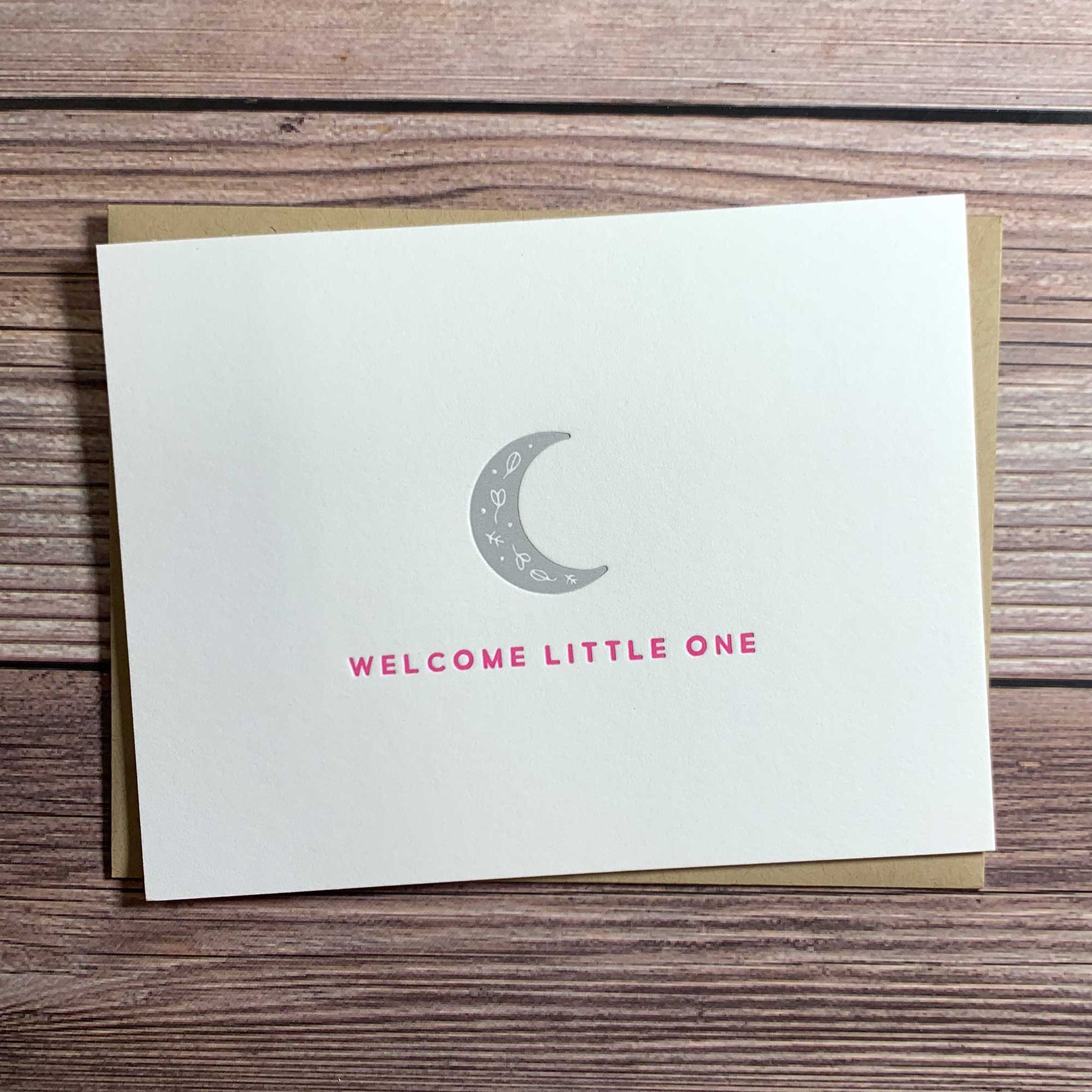 Welcome little one, new baby Card, floral moon, Letterpress printed, includes envelope